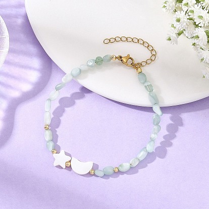 Pulseras con cuentas de vidrio natural, conchas y pepitas de vidrio natural, hechas con conchas y estrellas lunares., verde claro