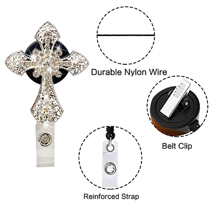 Alloy Crystal Rhinestone Badge Reels, Retractable Badge Holder, with Iron Alligator Clip, Cross