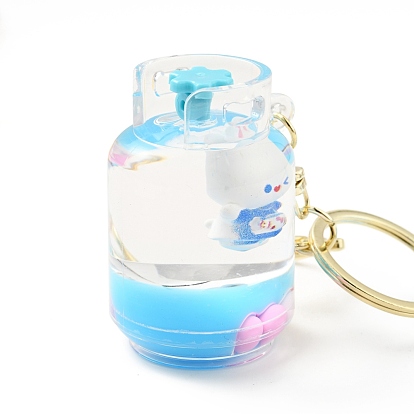 Gas Tank with Rabbit Keychain, Floating Creative Cute Cartoon Liquid Filled Acrylic Keychain, with Alloy Findings