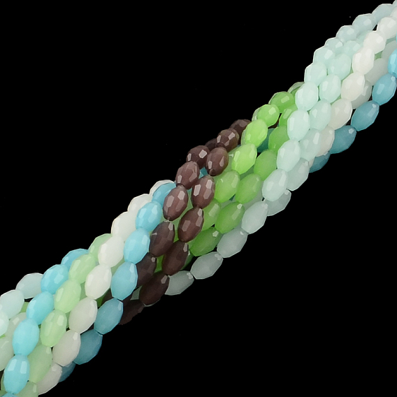 Faceted Rice Imitation Jade Glass Beads Strands, 4~5x6~7mm, Hole: 1mm, about 72pcs/strand, 16.7 inch