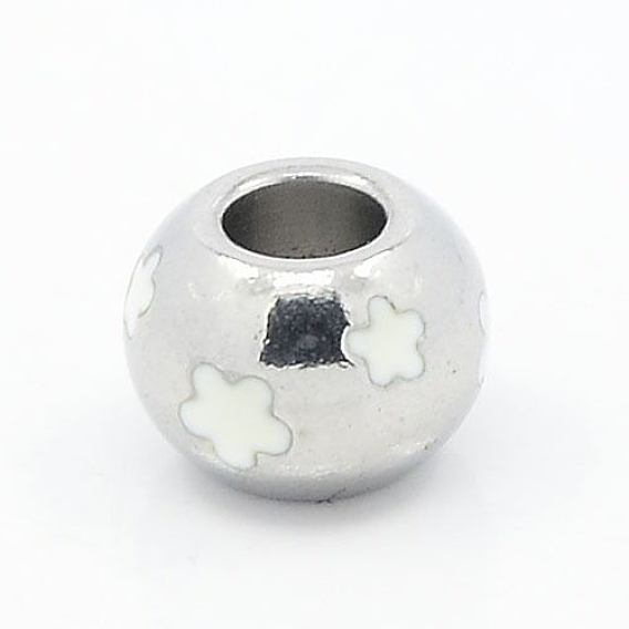 304 Stainless Steel Enamel Beads, Large Hole Beads, Rondelle with Flower, White Color, 9x7mm, Hole: 4mm
