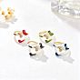 Brass Micro Pave Cubic Zirconia Cuff Open Rings, Cat Shape, with Enamel, Golden