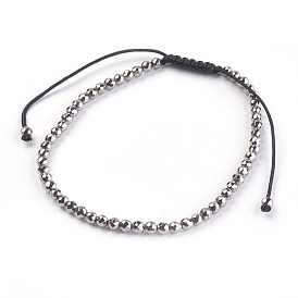 Adjustable Nylon Cord Braided Bead Bracelets, with Electroplate Non-magnetic Synthetic Hematite Beads, Faceted, Round