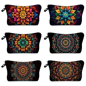 Mandala Flower Print Linen Cosmetic Zipper Pouches, Waterproof Clutch Bag, Toilet Bag for Women