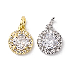 Brass Micro Pave Clear Cubic Zirconia Charms, with Jump Ring, Flat Round