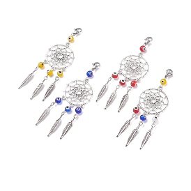 Woven Web/Net with Feather Alloy Pendant Decoration, with 304 Stainless Steel Lobster Claw Clasps and Handmade Evil Eye Lampwork Beads