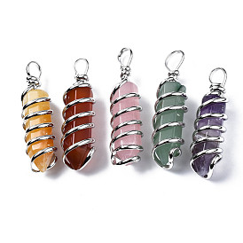 Natural & Synthetic Gemstone Big Pendants, Wire Wrapped Pendants, with Platinum Brass Wires, Rack Plating, Pencil