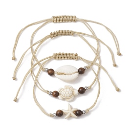 3 pcs 3 styles ensemble de bracelets en coquillages naturels et en perles tressées turquoise synthétiques, Bracelets réglables en perles de bois sur le thème de l'océan