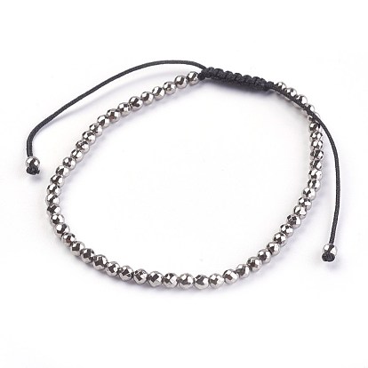 Adjustable Nylon Cord Braided Bead Bracelets, with Electroplate Non-magnetic Synthetic Hematite Beads, Faceted, Round