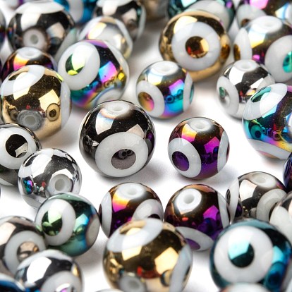 10 Colors Electroplate Glass Beads, Round with Evil Eye Pattern