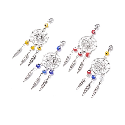 Woven Web/Net with Feather Alloy Pendant Decoration, with 304 Stainless Steel Lobster Claw Clasps and Handmade Evil Eye Lampwork Beads