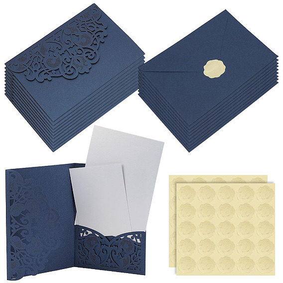 20Pcs Blank Paper Envelopes, Rectangle, with 20 Bags Paper Laser-Cut Invitation Envelope with Insert Cards and 1 Sheet Picture Stickers