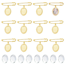 12Pcs Iron Brooches, with Alloy Oval Pendants and Glass Cabochons