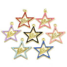 Rack Plating Brass Enamel Pendants, with Jump Ring, Long-Lasting Plated, Lead Free & Cadmium Free, Real 18K Gold Plated, Star with Word Love Pattern