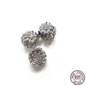 Rhodium Plated 925 Sterling Silver Beads, with Cubic Zirconia, Square with Flower