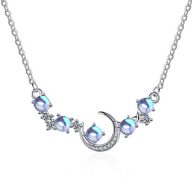 Sparkling Moonstone Necklace with Diamond Accents and Constellation Charm - Short Copper Collarbone Chain for Women
