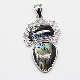 Abalone Shell/Paua Shell Pendants, with Brass Pendant Settings, Drop, Platinum Metal Color, Colorful, 41x24x4mm, Hole: 7x4mm