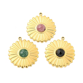 Vacuum Plating 304 Stainless Steel Pendants, Faceted Natural Gemstone Flower Charms, Real 18K Gold Plated