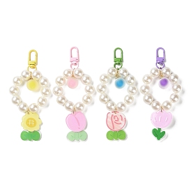 Flower Acrylic Pendant Decorations, with Plastic Imitation Pearl & Iron Clasp, for Bag, Mobile Phone Decorations