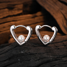 925 Sterling Silver Hollow Heart French Style Pearl Earrings for Women
