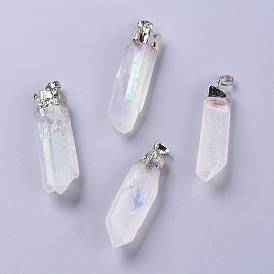 Quartz d'aura d'ange, prisme grand pendentifs en cristal de quartz naturel, de couleur plaquée ab , avec plateau plaqué platine et bails en laiton