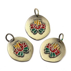 Tibetan Style Rack Plating Brass Enamel Pendant, with Jump Ring, Long-Lasting Plated, Flat Round with Lotus