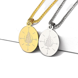 Stainless Steel Oval Compass Tree of Life Pendant Necklaces, Iron Box Chain Necklaces