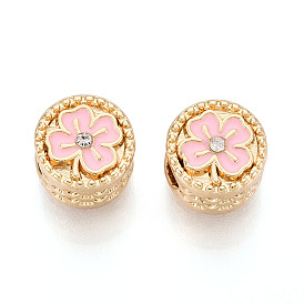 Стойки покрытие сплава горный хрусталь европейских бусы, плоские круглые с цветком, с эмалью, без свинца, без никеля и без кадмия