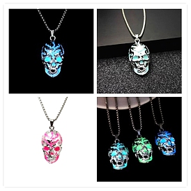 Halloween Luminous Skull Alloy Pendants Necklaces, Glow in the Dark