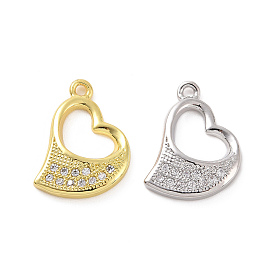 Brass Micro Pave Cubic Zirconia Charms, with Jump Rings, Hollow Asymmetrical Heart Charm