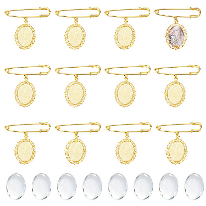 12Pcs Iron Brooches, with Alloy Oval Pendants and Glass Cabochons