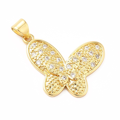 Rack Plating Brass Micro Pave Cubic Zirconia Pendants, Long-Lasting Plated, Real 18K Gold Plated, Butterfly