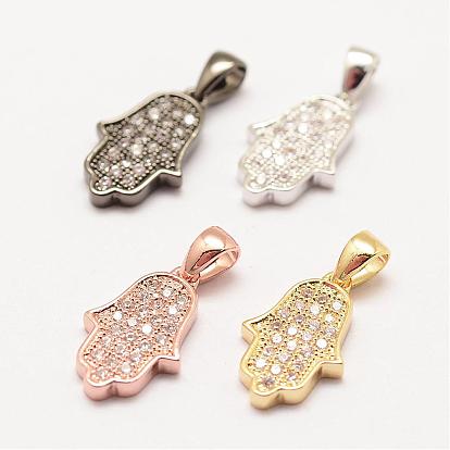 Brass Micro Pave Grade AAA Cubic Zirconia Charms, Long-Lasting Plated, Hamsa Hand/Hand of Fatima/Hand of Miriam, Cadmium Free & Nickel Free & Lead Free