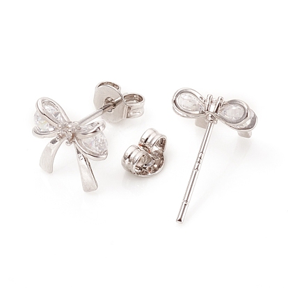 Brass Micro Pave Clear Cubic Zirconia Ear Studs, with Ear Nuts and 925 Sterling Silver Pins, Bowknot