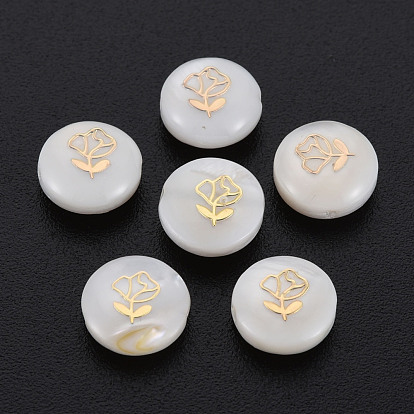 Natural Freshwater Shell Beads, with Golden Plated Brass Metal Embellishments, Flat Round with Flower