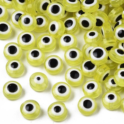 Transparent Resin Beads, Flat Round with Evil Eye