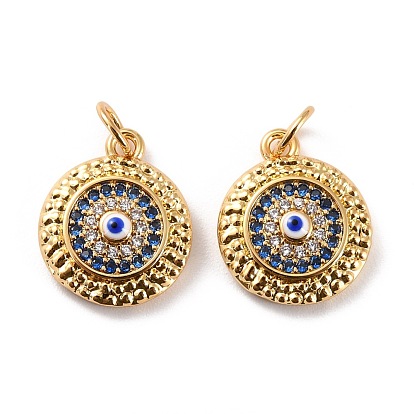 Brass Micro Pave Cubic Zirconia Pendants, with Enamel, Long-Lasting Plated, Cadmium Free & Lead Free, Flat Round with Evil Eye