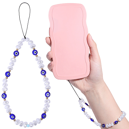 1 Chaînes de dragonne pour téléphone portable en verre filé avec œil maléfique, avec des dragonnes de téléphone portable en perles d'imitation