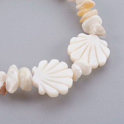 White Shell Chip Beads Stretch Bracelets, with Freshwater Shell Beads, Scallop