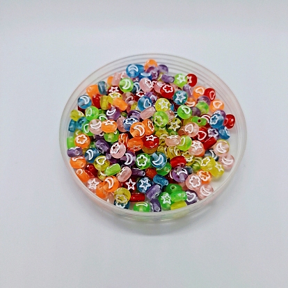 Transparent Acrylic Beads, Horizontal Hole, Flat Round with Star & Moon & Flower & Heart