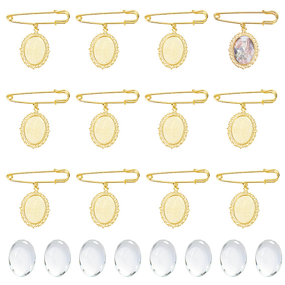12Pcs Iron Brooches, with Alloy Oval Pendants and Glass Cabochons