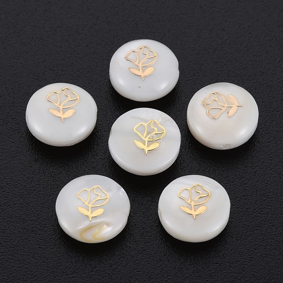 Natural Freshwater Shell Beads, with Golden Plated Brass Metal Embellishments, Flat Round with Flower