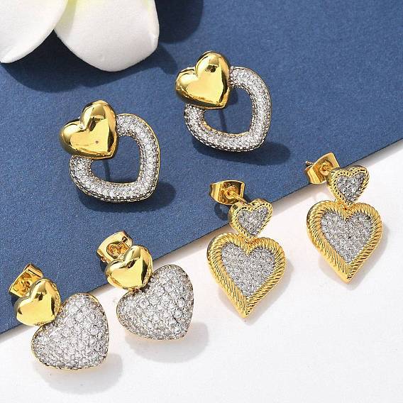 Серьги-гвоздики из латунного микро-паве, стойки покрытие, долговечный, без свинца и без кадмия, сердце
