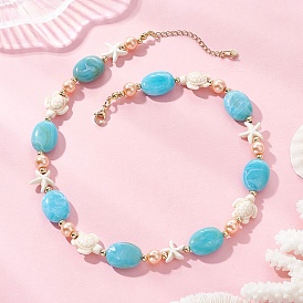 Женские бусы из искусственной бирюзы в виде морской звезды и овальных акриловых бусин с круглыми стеклянными жемчужинами., глубокое синее небо