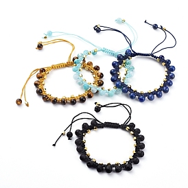 Natural Gemstone Braided Bead Bracelets, Nylon Thread Square Knot Bracelet, with Brass Spacer Beads