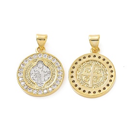 Rack Plating Brass Micro Pave Cubic Zirconia Pendants, Long-Lasting Plated, Cadmium Free & Lead Free, Saint Benedict Medal Charms