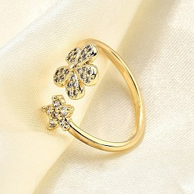 Латунные кольца-манжеты с микропаве и прозрачным цирконием для женщин, без кадмия, без никеля и без свинца, цветок