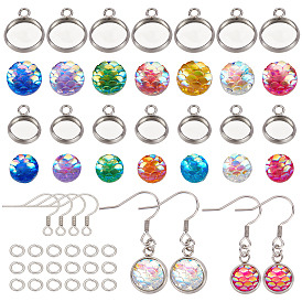 CHGCRAFT DIY Flat Round with Fish Scale Dangle Earring Making Kits, Including Resin Cabochons, 304 Stainless Steel Pendant Cabochon Settings & Earring Hooks