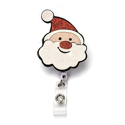 Christmas Santa Claus Glitter Powder Felt & ABS Plastic Badge Reel, Retractable Badge Holder, with Iron Alligator Clip, Platinum