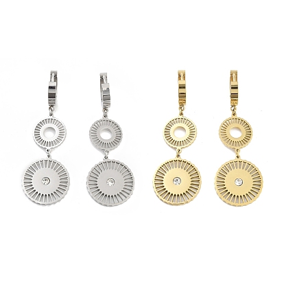 Flat Round 304 Stainless Steel Dangle Earrings, Rhinestone Hoop Earrings for Women